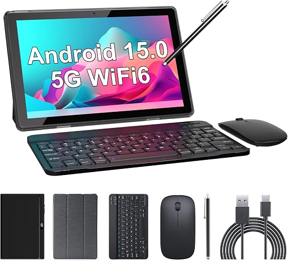 Tablet 2 in 1 Tablets 10 inch Android 15 Tablet Set with Keyboard Case Mouse Stylus 8GB+32GB/1TB expansion Tablets 10.1" Touch Screen Tab 6000 mAh battery 2MP+8MP Dual Camera WiFi6 Bluetooth Tableta