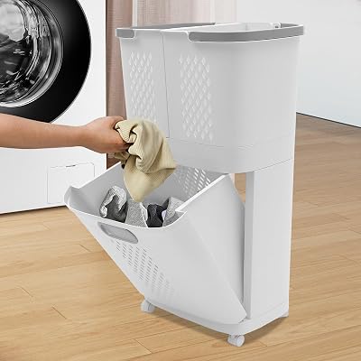 Laundry Basket with Wheels 2 Tier Plastic Rolling Laundry Basket Organizer 3 Section White Mesh Clothes Storage Basket for Bathroom Living Room Bedroom Nursery Kitchen
