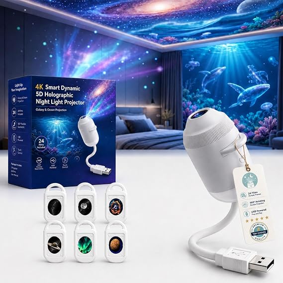5D Holographic Night Light Projector with 24 Films, Galaxy Projector Night Light, HD Star Ocean Planetarium Ceiling Projector, 360 Adjustable USB Plug and Play Projector (with 6 Projection Films)