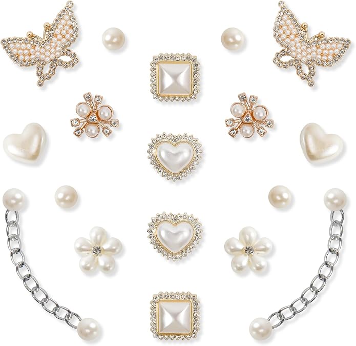 WYVAS 20 Pcs Bling Shoe Charms, Flower Pearl Shoe Charms, Sparkling Rhinestone Shoe Chains, DIY Clog Shoe Decoration Charms for Birthday Party Favors