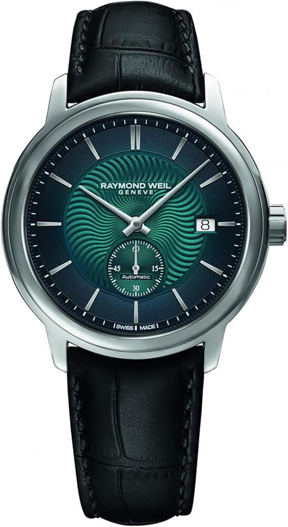 RAYMOND WEIL Maestro Men's Automatic Watch, Blue Dial, Indexes, Stainless Steel, Genuine Black Leather Strap, 39.5mm (Model: 2238-STC-50001)