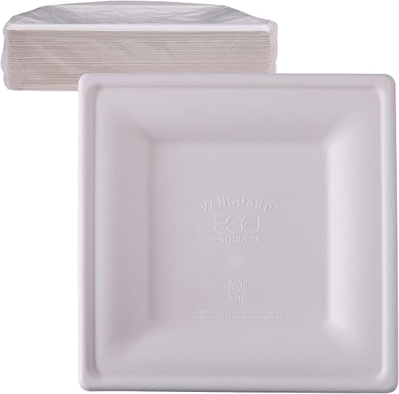ECO PRODUCTS Compostable Vanguard 10" Square Paper Plates, Pack of 50, Disposable White Molded Fiber, Tree-Free, Stronger Than Paper & Styrofoam, No-Added PFAS, ASTM Compliant, BPI-Certified