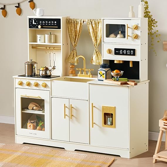 Tiny Land Play Kitchen for Kids Modern Home Design with Fabric Curtains | Interactive Wooden Kitchen with Coffee Maker & Microwave, Pretend Play Toy, Birthday & Christmas Gift for Boys & Girls
