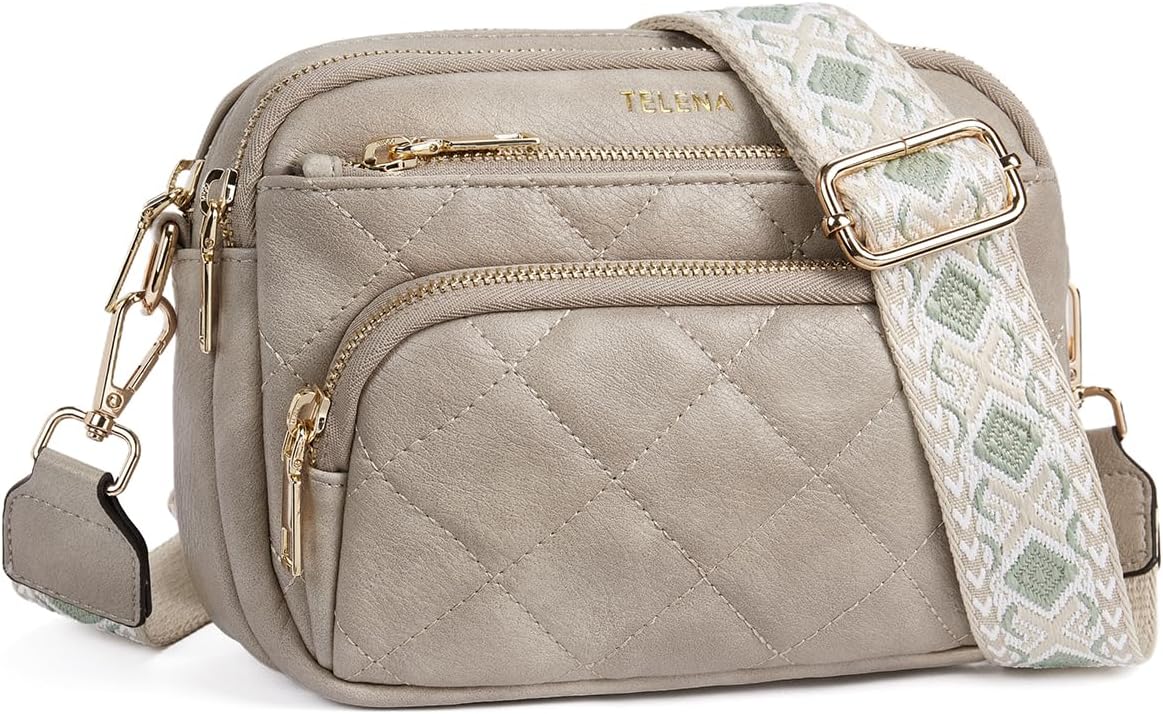 Telena Crossbody Bags for Women Small Crossbody Purses Quilted Vegan Leather with Guitar Strap Beige with Brown | Small