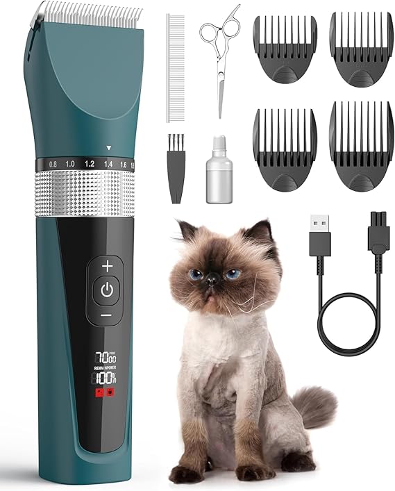 oneisall Cat Clippers for Matted Hair, 5-Speed Quiet Cat Grooming kit | Waterproof, 49dB Low Noise, 120min Long Battery Life LCD Display,4 Guards With Comb and Scissor,For Long Thick Matted Hair