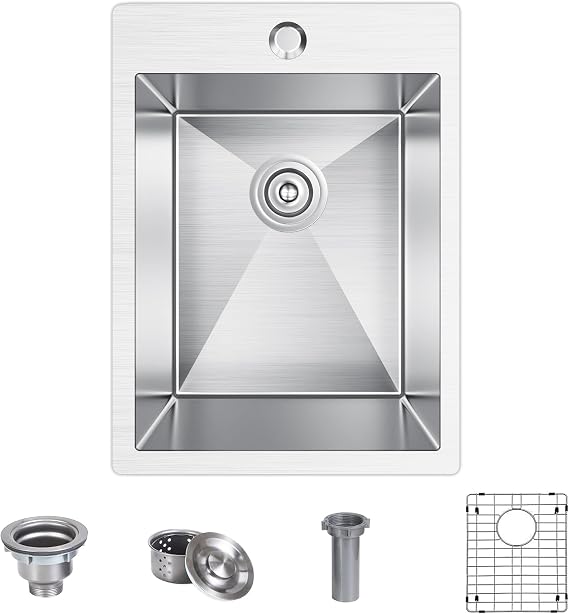 15x20 Inch Bar Sink Drop In, 18 Gauge Single Bowl 304 Stainless Steel 9 Inch Deep Small Kitchen/Bar Sink with Bottom Grid & Strainer, Brushed Finish
