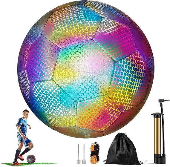 Reflective Football Size 5 - Bright Glow in the Dark Holographic Light Up Ball With Pump for Night Games, Training - Luminous Flashing Soccer Ball for Boys, Girls, Kids, Adults