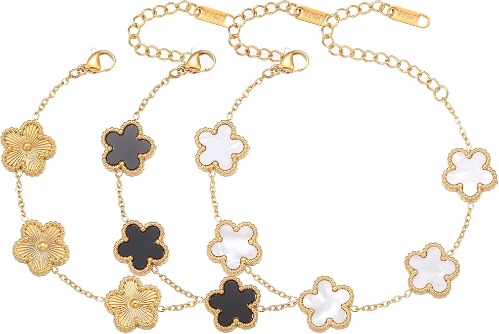 Four Leaf Clover Bracelet Set for Women - 3Pcs 18K Gold Plated Flower Lucky 4 Leaf Link Bracelet Jewelry Gift for Women Van Cleef