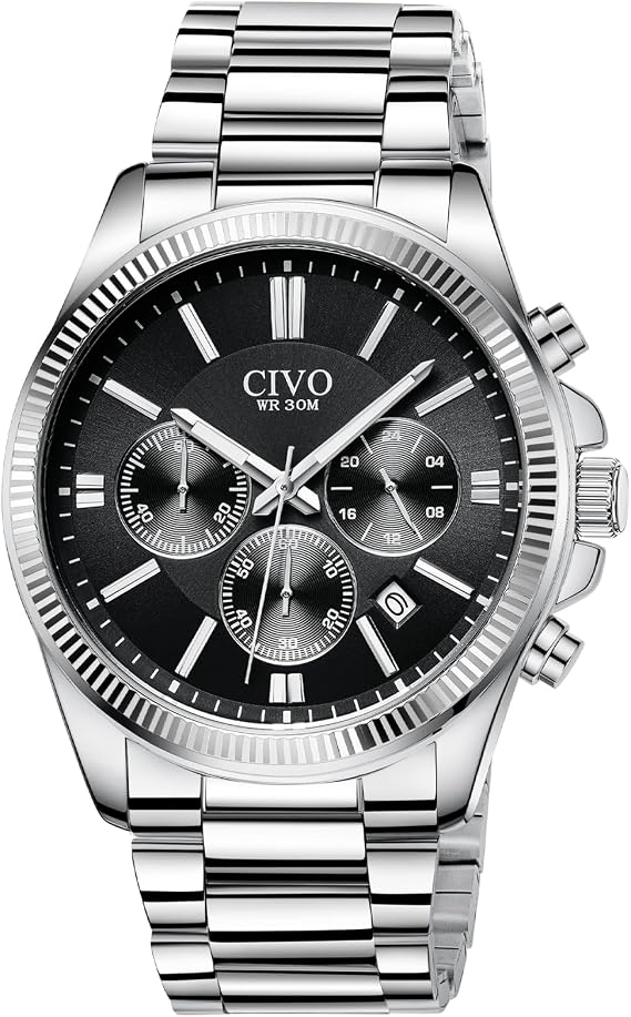CIVO Watches Men Stainless Steel: Chronograph Quartz Waterproof Date Dress | Stylish Analog Large Face Wrist Watch with Luminous Hands for Business Men Daily Wear Casual - Gift for Father Husband