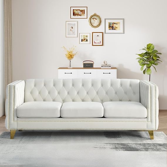 Chesterfield Sofa, 3-Seater Velvet Couch with Button Tufted & Nailhead Trim, Mid Century Modern Couch with Square Arms & Gold Legs,Deep Seat Comfy Couch for Living Room,Bedroom,Office(Beige, 80.5")