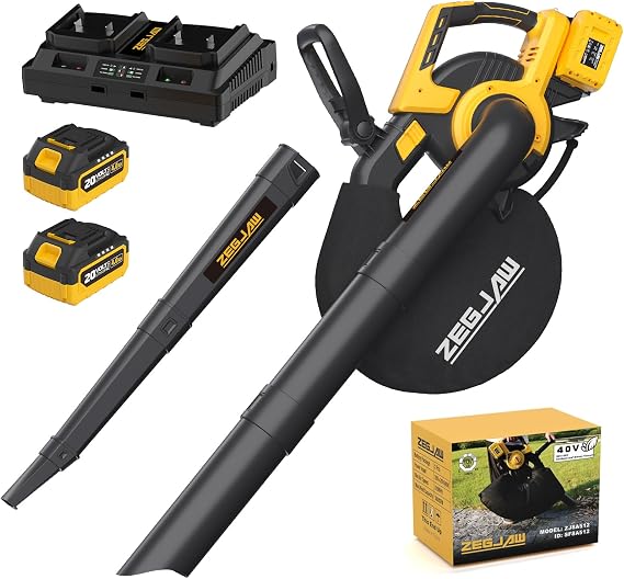 ZEGJAW 40V 3-in-1 Cordless Leaf Blower Vacuum, 24.0Ah Battery & Charger | Brushless Motor, 360CFM Airflow, 5-Speeds Settings, Leaf Mulcher Bag For Lawn Debris Cleaning