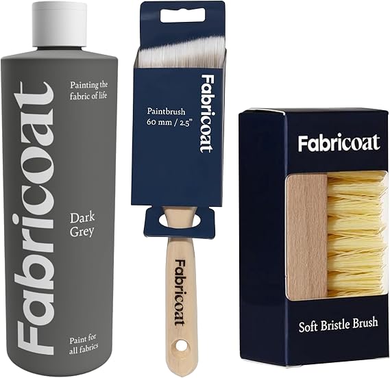 Fabricoat - Fabric Paint for Furniture 250ml (Dark Grey) + Combo Cleaning Brush and 60mm/2.5 inch Angled Cutting in Paint Brush | Restore or Change the Color of Couches, Chairs, Upholstery