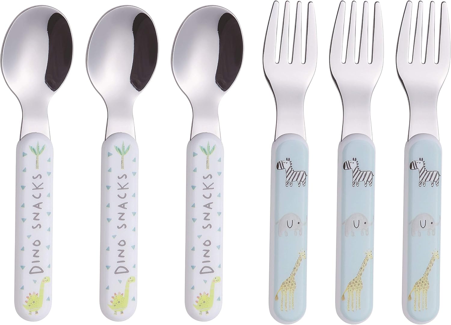 ANNOVA Kids Silverware 6 Pieces Stainless Steel Children's Flatware Set 3 x Forks, 3 x Dinner Spoons Plastic Handle, Toddler Utensils Without Knives, for Babies, Infants BPA Free - Cute Animals