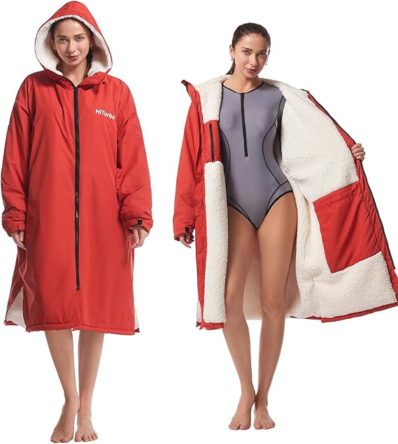 Hiturbo Waterproof Adult Changing Robe: Windproof Warm Swimming Robe Oversized Coat Surf Poncho with Fleece Lining