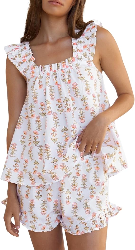 Wyeysyt Summer PJs for Women Set, Womens Floral Pajama Set Trim Cami Top and Shorts 2 Piece Sleepwear Set