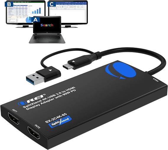 OREI SplitExtend 4K HDMI Splitter Extended Display for Dual Monitor - Multi-Monitor Display 3 Separate Screens - USB A & USB-C Adapter to HDMI 2.0, 4K@60hz, 90W PD Charger, DisplayLink MacOS, Windows | Multi-Monitor Display 3 Separate Screens - USB A & USB-C Adapter to HDMI 2.0, 4K@60hz, 90W PD Charger
