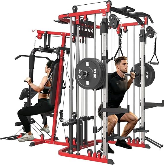 All in One Home Gym System Workout Station, Multi-Function Smithe Machine Power Cage with Cable Crossover System, Tripe-Sided Independent Load Posts, Functional Trainer for Full Body Training