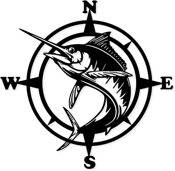 Xedatric Metal Wall Art Compass & Swordfish, Fishing Decor | Durable metal wall sculpture featuring compass & jumping swordfish. Perfect nautical decor for home, kitchen, or office.