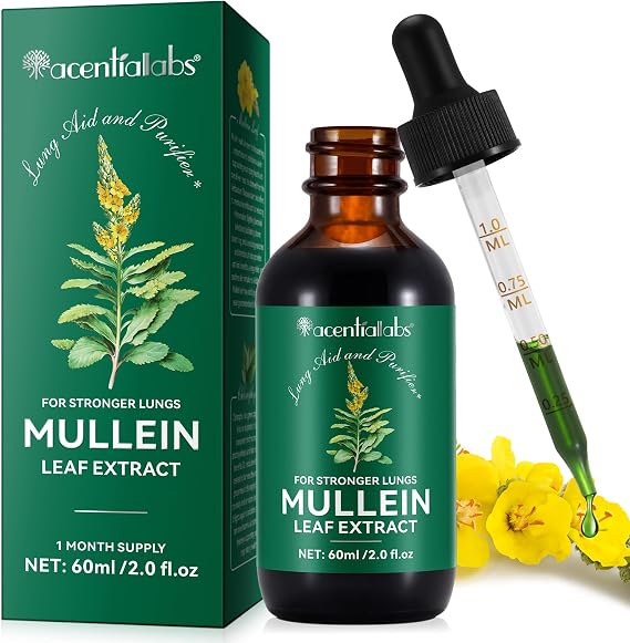Mullein Drops Mullein Leaf Extract for Lung, Mullein Leaf Liquid Drops, Mullein Extract with Chlorophyll, Natural Health Supplement Drops for Lung Cleanse and Respiratory Health, Fast Absorption, 60ml