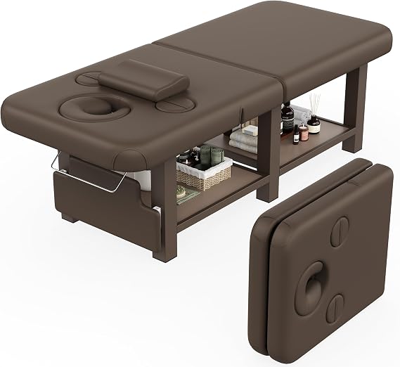 Dolonm Extra Large 34 in 80 in Folding Stationary Massage Table with Adjustable Backrest & Armpit Opening, Heavy-Duty Metal Frame Treatment Bed for Spa, Physical Therapy, Tattoo, Facial - Brown
