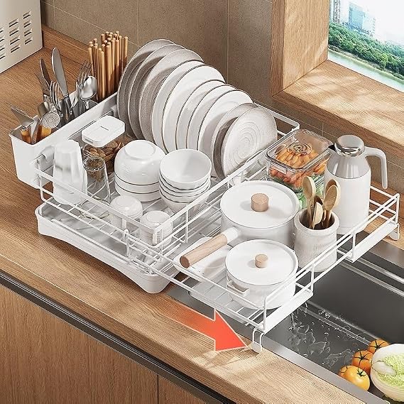 Dish Drying Rack Expandable Dish drainers for Kitchen Counte(White) | Over The Sink Dish Drainer Drying Rack,Rustproof Dish Drainer with Utensil Holder and Drainboard