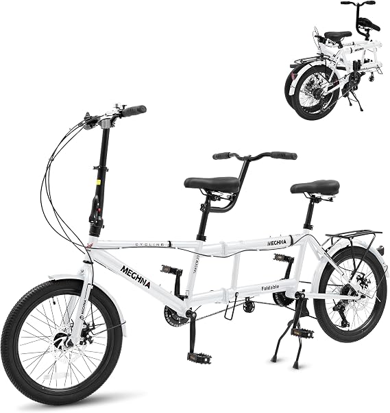 Folding Tandem Bike, 20 Inch Tandem Bikes for Adults, 7 Speed 2 Person Foldable Bike, Portable City Beach Cruiser Bikes with Adjustable Height and Dual Disc Brakes for Travel