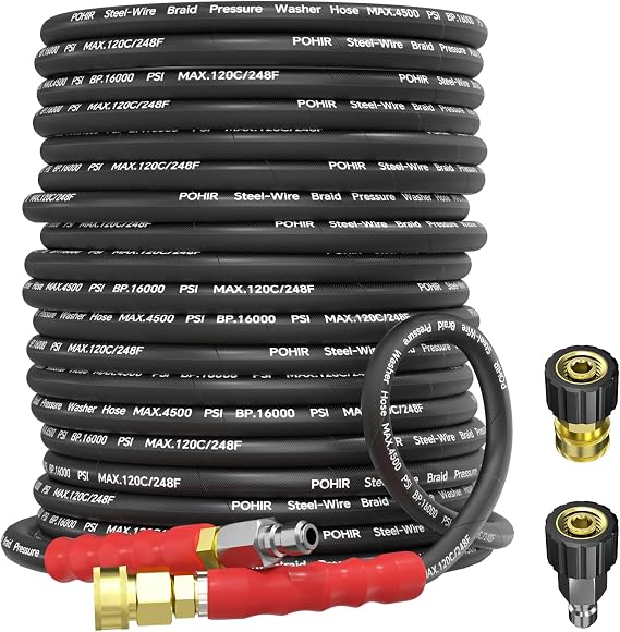 50FT Pressure Washer Hose 3/8'' ID with Swivel Quick Connect, 4500 PSI | 2PCS 3/8'' to M22 Adapter in Steel Wire Braided Power Washing Hose| Commercial Grade Industrial Hose No-Kink No-Bursting