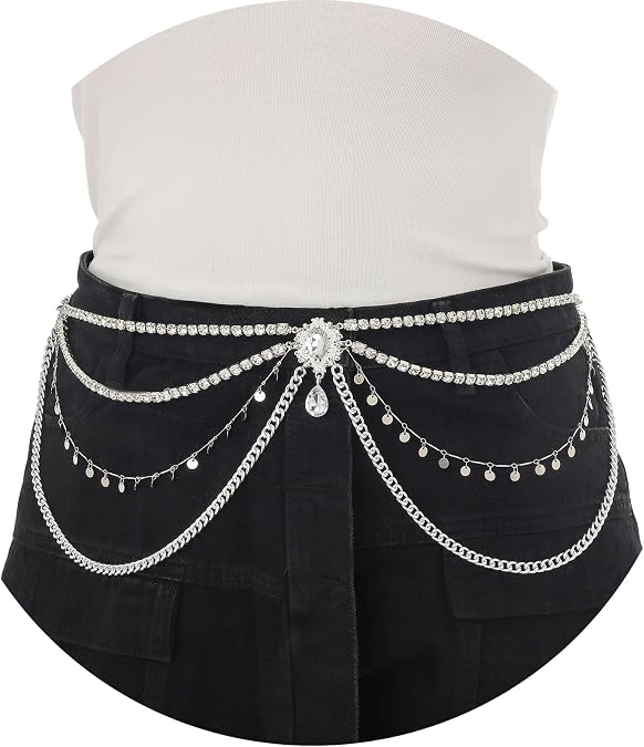 ELABEST Rhinestone Layered Chain Belt Sequin Waist Chain Body Chain Jewelry for Women