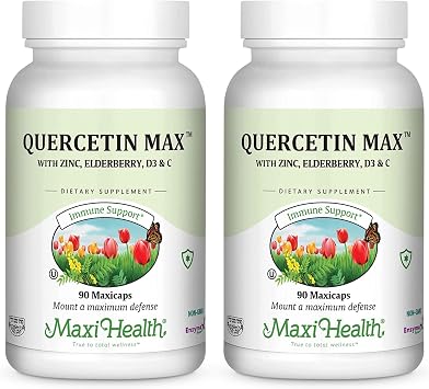 Maxi Health Quercetin 500mg Capsules Zinc Supplements for Women and Men Non-GMO, Kosher, and Gluten-Free Quercetin Supplements with Elderberry Vitamin C and Zinc (90 Veg Capsules, Pack of 2)