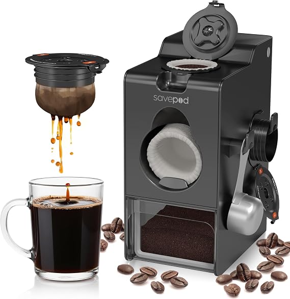 SavePod Coffee Pod Maker with Reusable Coffee Pods, Compatible with Keurig and K-Cup Coffee Machines, Smart, Easy to Use & Convenient (Black, Small)
