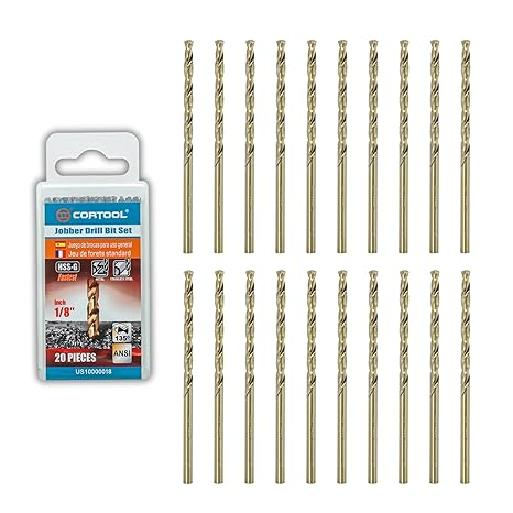 1/8 inch Cobalt Drill Bits (20Pcs), M35 HSS Metal Jobber Length Twist Drill Bit Set for Hard Metal, Stainless Steel, Iron, Copper, Aluminium, Brass, Plastic & Wood