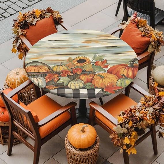 Round Fitted Tablecloth Retro Autumn Farm Pumpkin Flower Washable Waterproof Oil-Proof Elastic Table Covers for Picnic Camping Indoor Dining Table Protector Thanksgiving Wood Board Fits 55-60" Tables