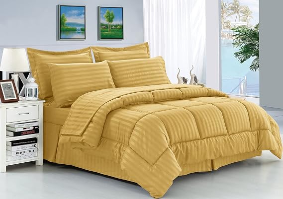 Elegance Linen Wrinkle Resistant - Luxury Silky Soft Dobby Stripe Bed-in-a-Bag 8-Piece Comforter Set, King Navy Blue