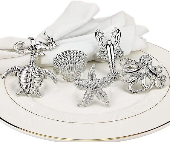 Assorted Ocean Style Napkin Ring Silver Nautical Serviette Rings for Home Decor Set of 6 Gift Box Packing to Hostess Christening Bangle As Wedding Presents and Baby Presents
