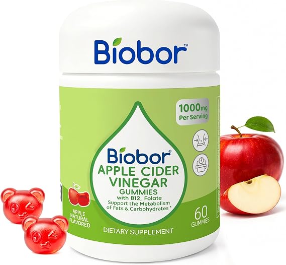 Biobor Apple Cider Vinegar Gummies 1000 mg with Vitamin B12, ACV Gummies for Women Support The Metabolism of Fats and Carbohydrates, Vegan, GMO Free, Gluten Free (60 Count)