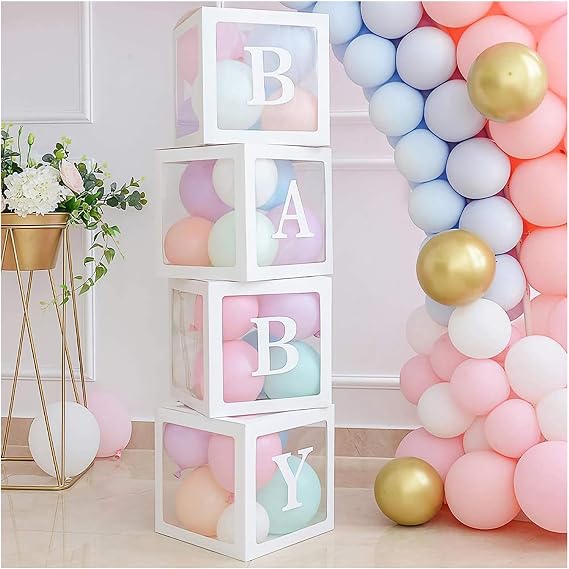 4PCS Baby Block Boxes with BABY Letters, White Transparent Balloon Boxes for Baby Shower, Birthday Party Decor