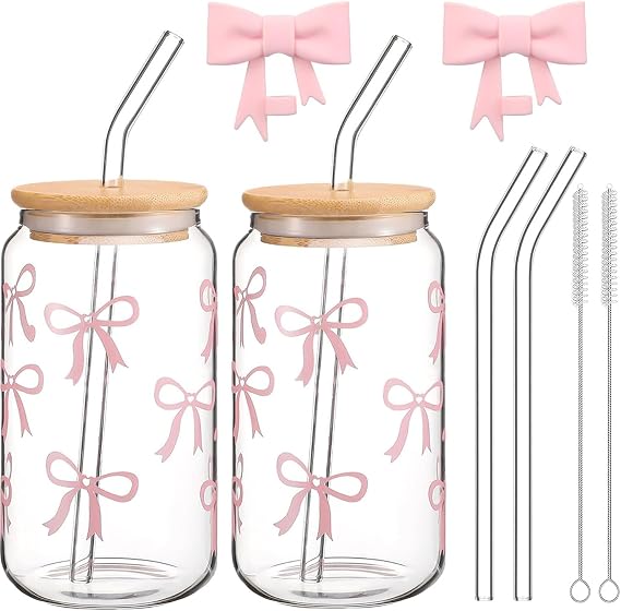 16OZ Pink Bow Glass Cups with Lids and Straws Set,2PCS 500ml Iced Coffee Cups with Cleaning Brushes,Reusable Cute Glass Tumblers for Tea,Coffee,Jucie,Gifts for Women,Girls(Pink Bow)