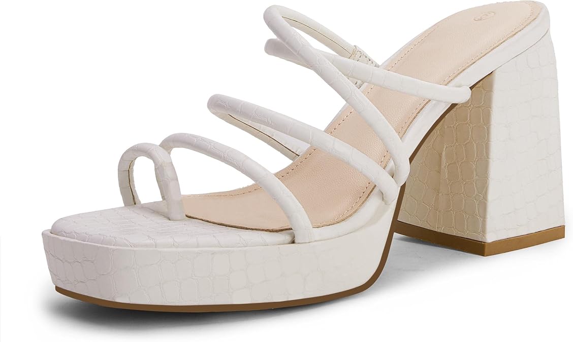 Rilista Women's Chunky Heels Strappy Platform Square Toe Block Heeled Sandals Slip On Mules