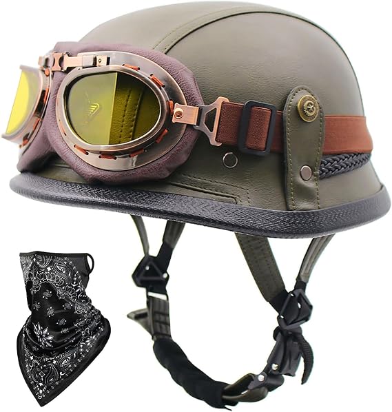 Retro Leather Motorcycle Half Helmet Open Face Helmet with Goggles DOT/ECE Approved Protective Helmet for Men and Women Mopeds Scooters Cruisers Scoop Helmet Skull Helmet 7,L(58-59CM)
