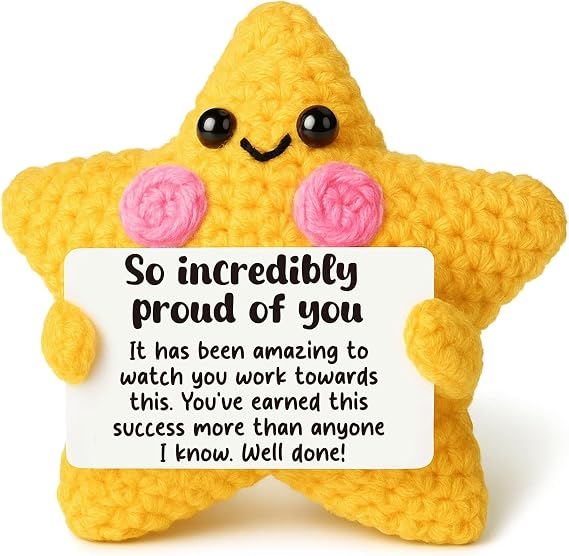 Congratulations Gift for Men Women - Crocheted Star with Motivational Message - Proud of You, Graduation, New Job, Promotion Gift for Son Daughter Friend - Unique Encouragement Keepsake & Desk Decor
