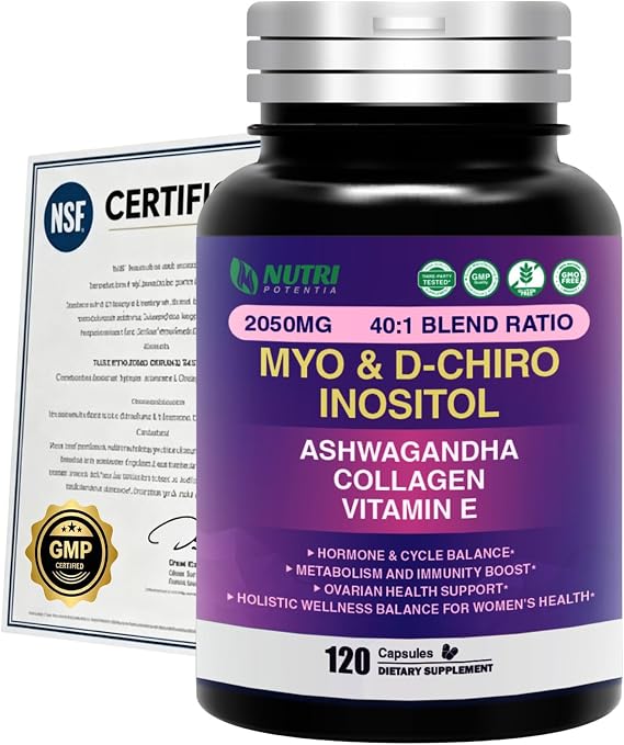 Myo Inositol & D-Chiro Inositol Supplement for Women,Ideal 40:1 Ratio with Vitamin E,Collagen & Ashwagandha,Women's Daily Wellness Support,120 Capsules,Non-GMO,Third-Party Tested(Made & Tested in USA)