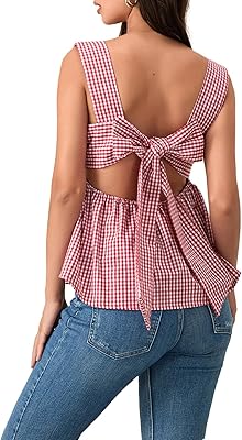 Women Y2k Going Out Tank Tops Gingham Square Neck Peplum Cami Tank Sleeveless Backless Shirt Bowtie Blouse Summer