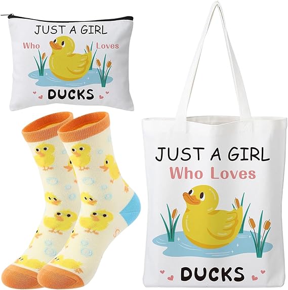 Duck Gifts Set, Cute Duck Stuff with Tote Bag, Makeup Bag, Cotton Socks, Just a Girl Who Loves Ducks for Women Girls Mum,Auntie, Wife,Daughter, Friends, Sister, Colleagues Present