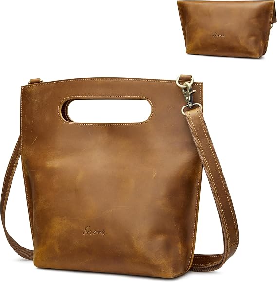 S-ZONE Women Vintage Leather Crossbody Bag Distressed Foldable Clutch | Top Grain Leather, Fits 9.7 Inch Tablet, Daily Travel Dating, Removable Adjustable Strap, Genuine Top Handle Handbag Purse