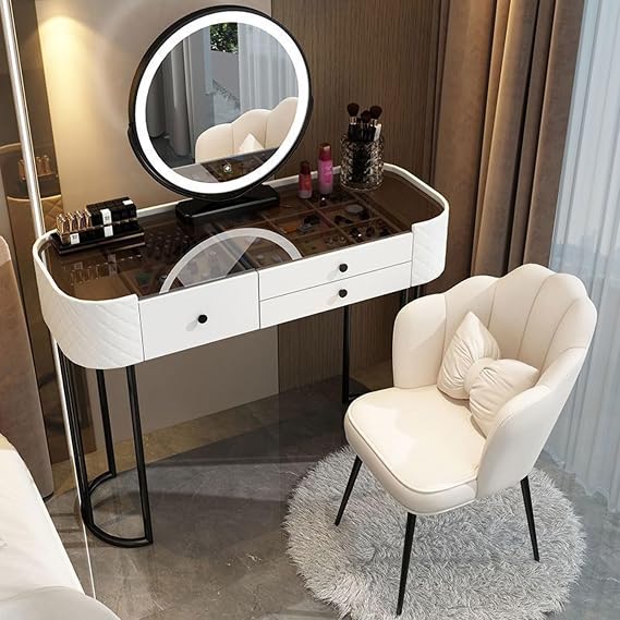 White Makeup Vanity Desk with Mirror and Lights Large Vanity DressingTable Set with Drawer Makeup Table with Glass Top Makeup Vanity Mirror with Soft Cushioned Stool for Bedroom Makeup Room