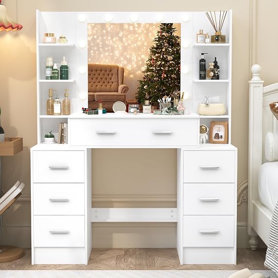 43.3 Inch Large Dressing Table, Makeup Vanity Desk with Lighted Mirror Adjustable Brightness, 8 Large Drawers and Open Storage Shelves, 3 Adjustable Lighting Modes for Women, White
