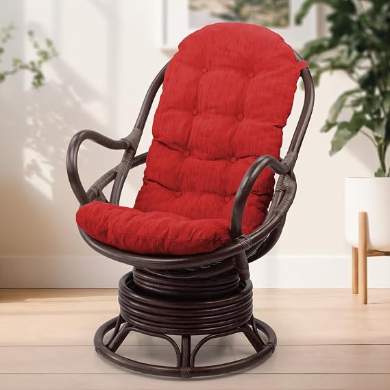Java Lounge Swivel Rocking Chair with Red Cushion Natural Rattan Wicker Handmade, Dark Brown Color