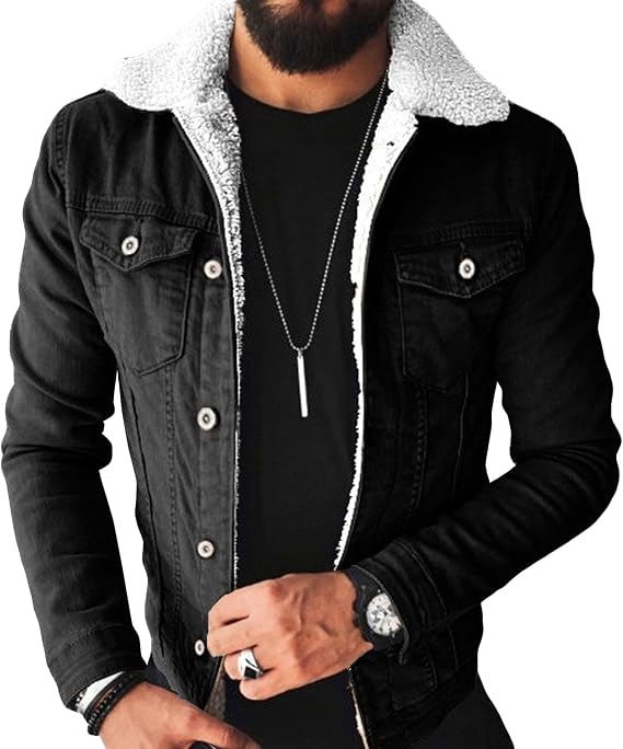Men's Fleece Lined Jean Jacket Winter Sherpa Windbreaker Cotton Denim Trucker Jacket with Pockets
