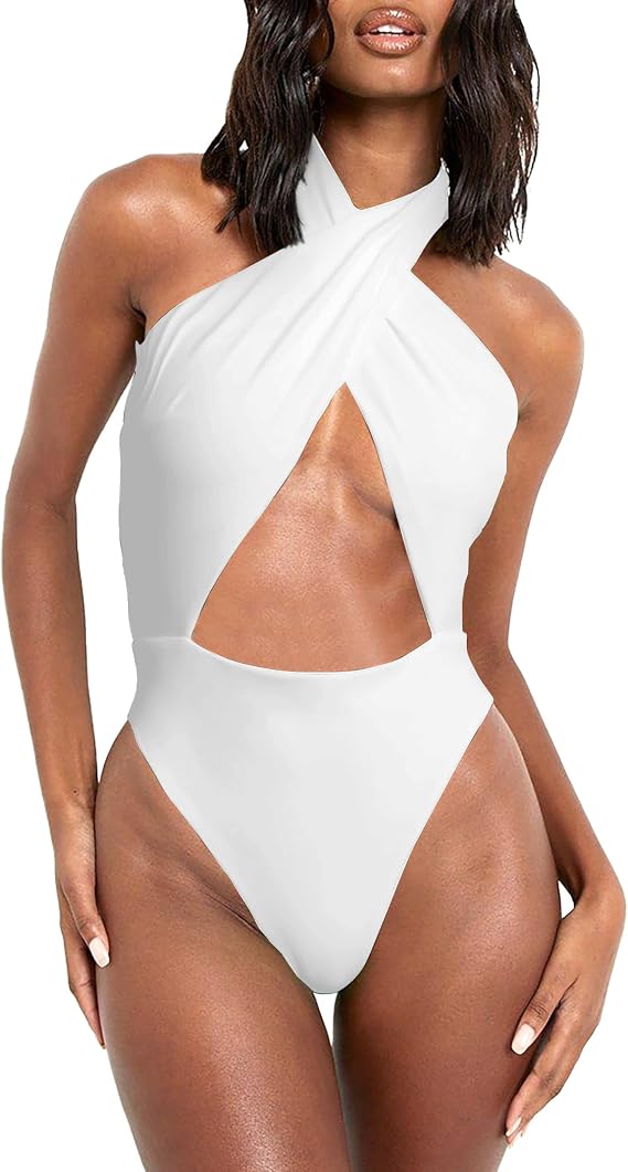 Women's Sexy Halter Criss Cross Swimsuit Cut Out One Piece Bathing Suit High Cut Swimwear