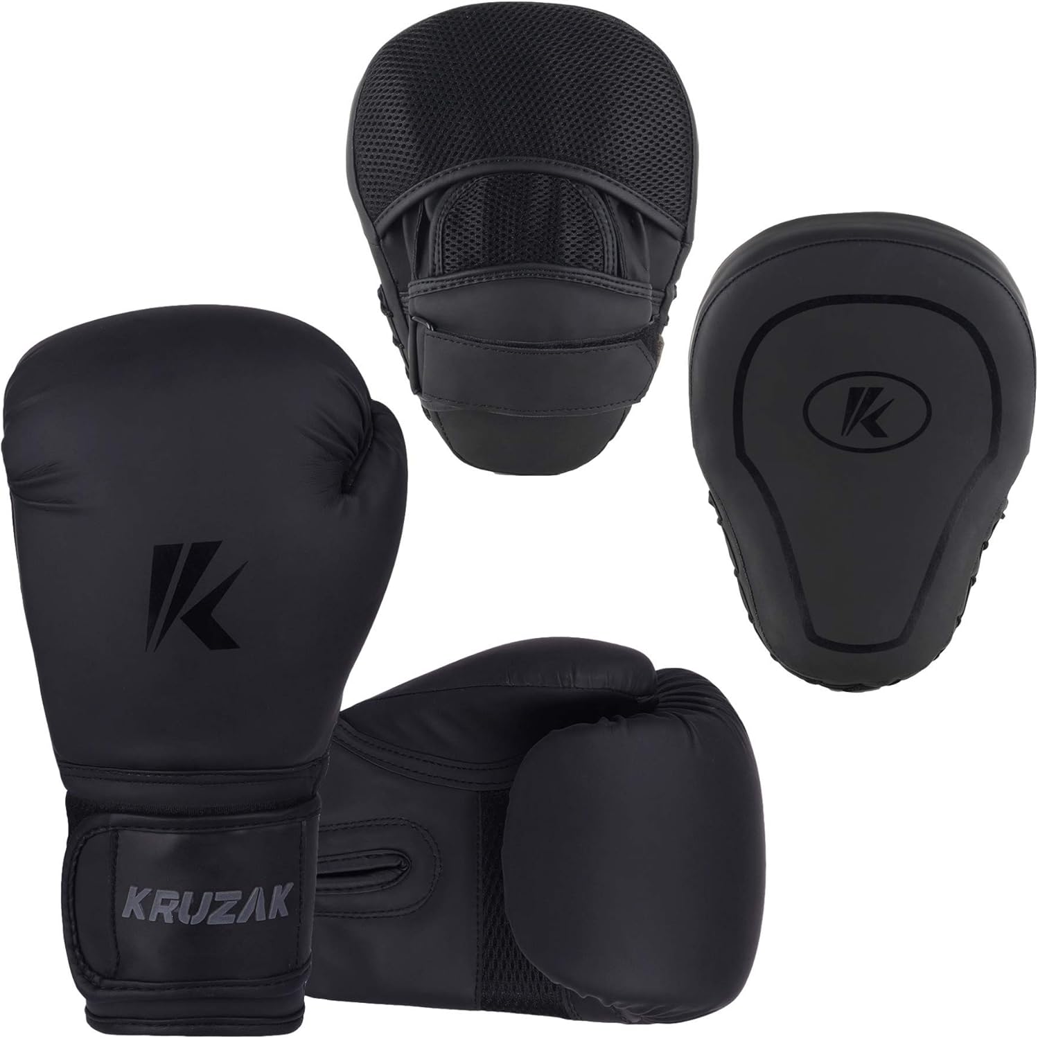 Kruzak Matte Black Boxing Gloves and Focus Mitts Set for Kickboxing, Muay Thai, MMA, Training - Fitness Kit with Punch Pad for Martial Arts, Karate Matte Black, 10oz